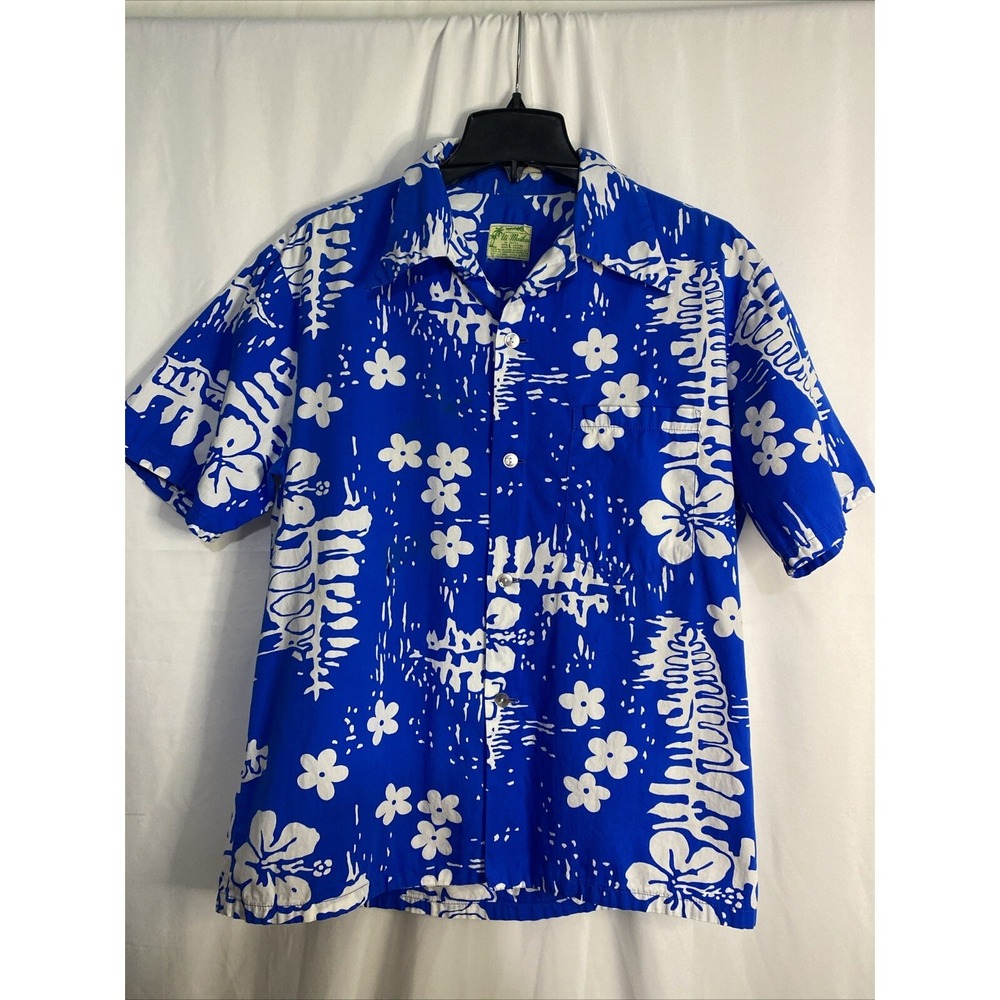 Ui-Maikai Hawaiian Shirt Mens Blue White Excellent Vintage Cotton Floral Aloha